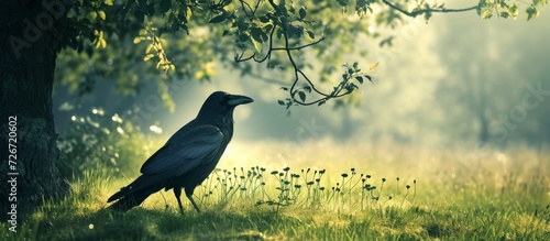 Rural scenery with a crow grazing on grass. photo