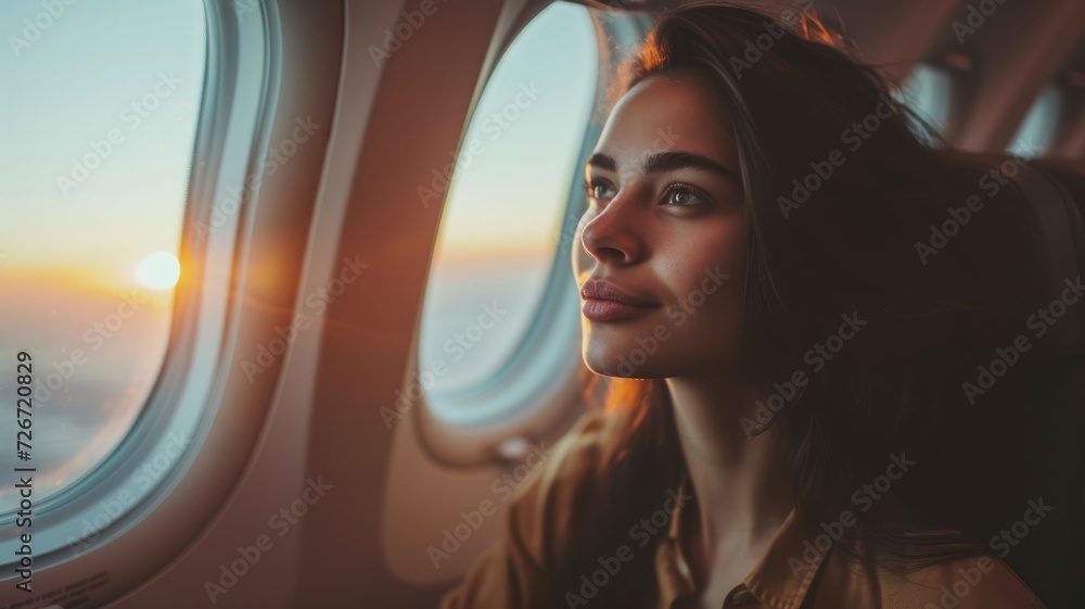 young woman traveler sitting near windows air plane