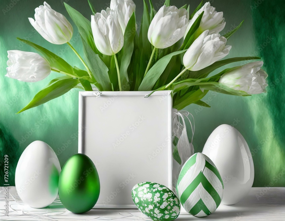 Obraz premium Biało - zielone tło wielkanocne z pisankami, tulipanami i ramką z miejscem na tekst