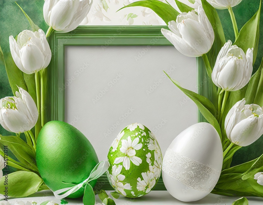 Obraz premium Biało - zielone tło wielkanocne z pisankami, tulipanami i ramką z miejscem na tekst
