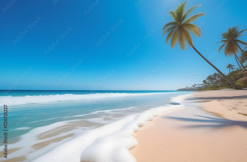 Palm trees on a tropical sandy beach. Untouched white sand, azure sea, blue sky. Beach, relaxation. Travel to warm countries