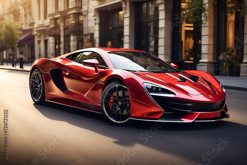 A luxurious car in red, with lights reflecting off its shiny body as it moves down the street. 