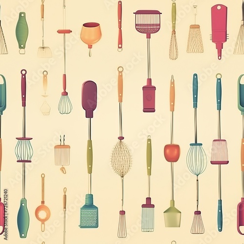 Kitchen Utensils Silhouette Icons Seamless Pattern for Culinary Design. Beige Background