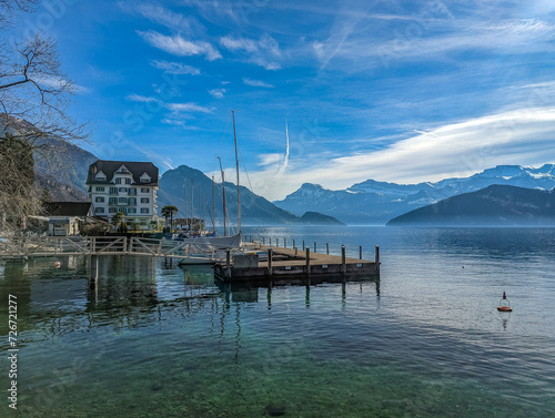 Waterfront of Weggis, shore of Lucerne Lake in the Luzern canton in Switzerland © Martin Valigursky