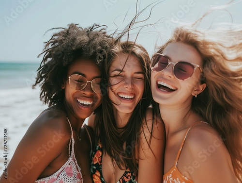 three female friends having fun on the beach, girls in holidays