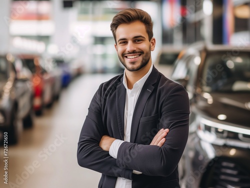 happy salesman working at car dealership