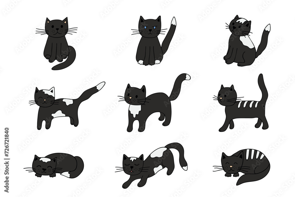 Hand drawn cat clipart. Cute pet doodle set