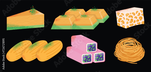 Turkish cuisine traditional dishes set eastern sweets. Baklava, lokum east delicious dessert food . Sweet oriental delight vector illustration modern cartoon flat style isolated on background.