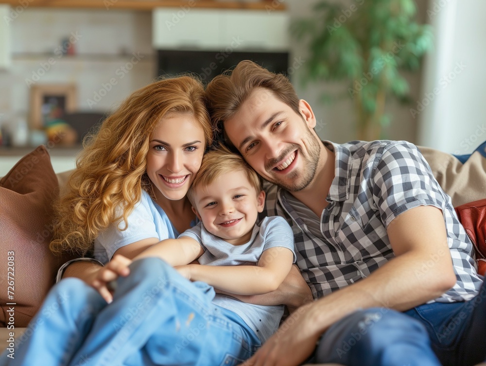 Happy family with child sitting on sofa, young parents embracing son relaxing on couch together Happy family with child sitting on sofa, young parents embracing son relaxing on couch together