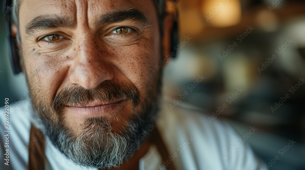 portrait of a man, chef, kitchen blurred background, smiling, professional chef, cuisine, caucasian, mid 40years