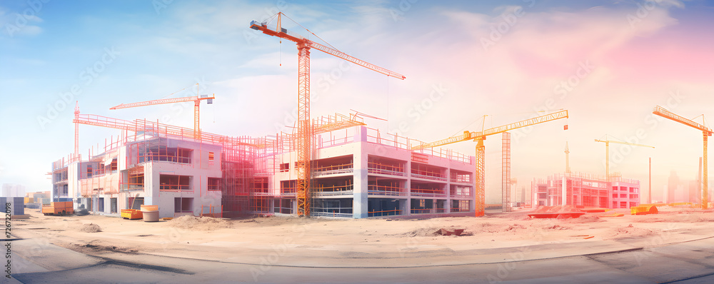 buildings under construction  , cranes in the foreground , unfinished buildings  , sand on the ground , Concrete , iron columns  , Tower Crane
