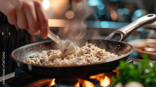 close up of a chef cooking mushroom risoto. home kitchen stove, delicous meat, cuisine, landscape photo