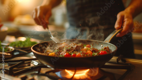 close up of a chef cooking beef meat. home kitchen stove, delicous meat, cuisine, landscape
