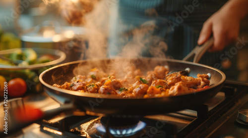 close up of a chef cooking chicken sliced cubes. home kitchen stove, delicous meat, cuisine, landscape photo