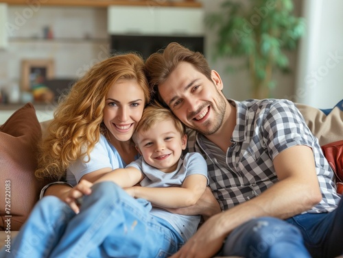Happy family with child sitting on sofa, young parents embracing son relaxing on couch together