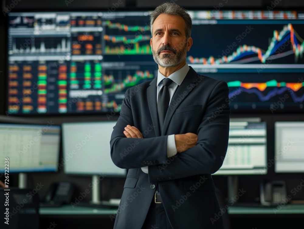 Portrait professional middle aged businessman in suit in stock market screens, big stock exchange Portrait professional middle aged businessman in suit in stock market screens, big stock exchange