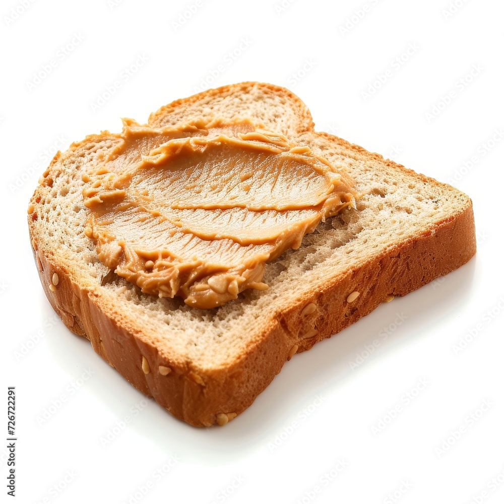 Close-up of a slice of bread with creamy peanut butter spread, isolated on a white background.