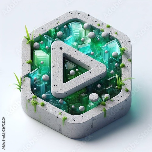 Play button made of Concrete blent with green glass. AI generated illustration photo