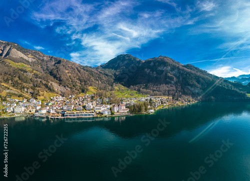 Aerial view of the Vitznau village by lake Lucerne in Central Switzerland