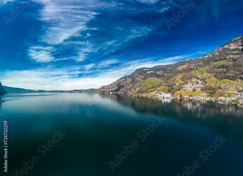 Aerial view of the Vitznau village by lake Lucerne in Central Switzerland