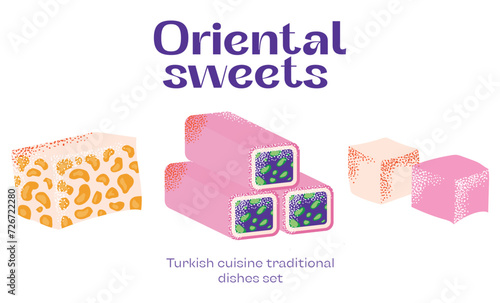 Turkish cuisine traditional dishes set eastern sweets. Baklava, lokum east delicious dessert food . Sweet oriental delight vector illustration modern cartoon flat style isolated on background.