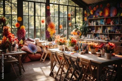 Arts, crafts party concept.  interior of room is decorated for creative activities with children with table , chairs and flowers from paper. photo