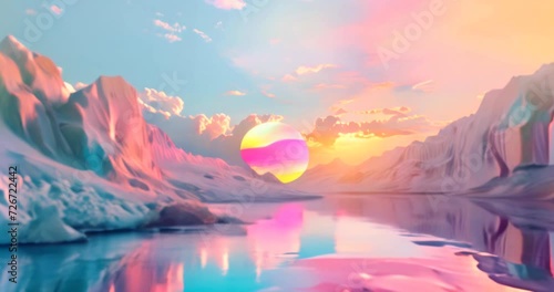 surreal landscape with vibrant sunset over reflective waters photo