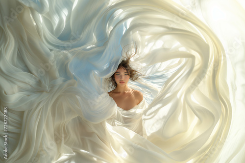 belle femme brune, entourée par des voiles en tissu blanc, photo de mode, douceur et sensualité photo