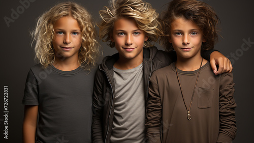 Preteen triplet siblings. Three male brothers posing for the camera. Concept of family genetics, genes, science, multiple pregnancies, assisted fertility, reproduction treatments. photo