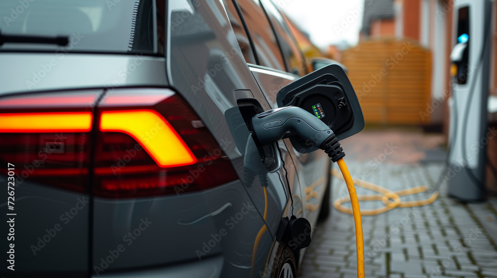 Close-up view of an electric vehicle undergoing charging. Close-up view of an electric vehicle undergoing charging.