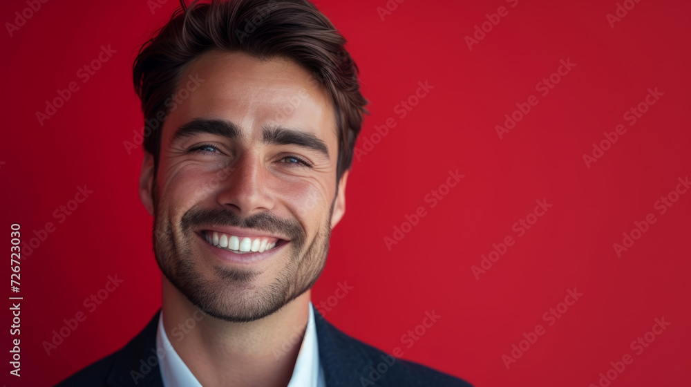 Close up portrait of a smiling business man against a red studio background