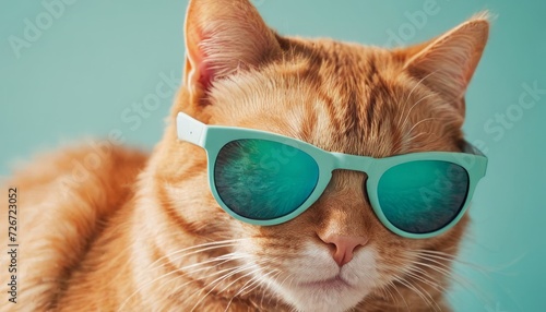 Funny ginger cat wearing brightly coloured summer glasses. Isolated on light blue background. Trendy style, cool animal concept with space copy