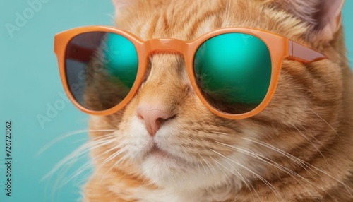 Funny ginger cat wearing brightly coloured summer glasses. Isolated on light blue background. Trendy style  cool animal concept with space copy