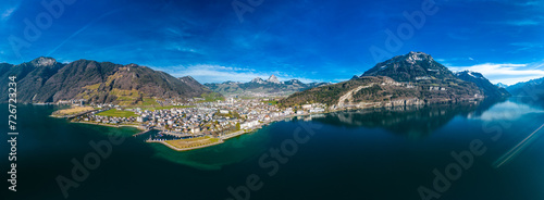 Panoramic drone view of Brunnen and  Ingenbohl, Switzerland photo