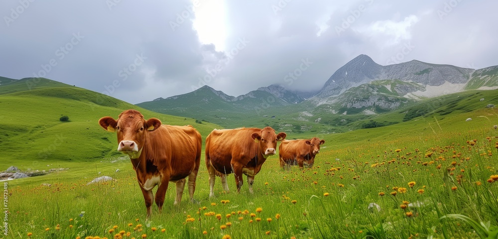 Cows grazing in a vibrant green field, with majestic mountains and a bright sky in the background. Cows grazing in a vibrant green field, with majestic mountains and a bright sky in the background.