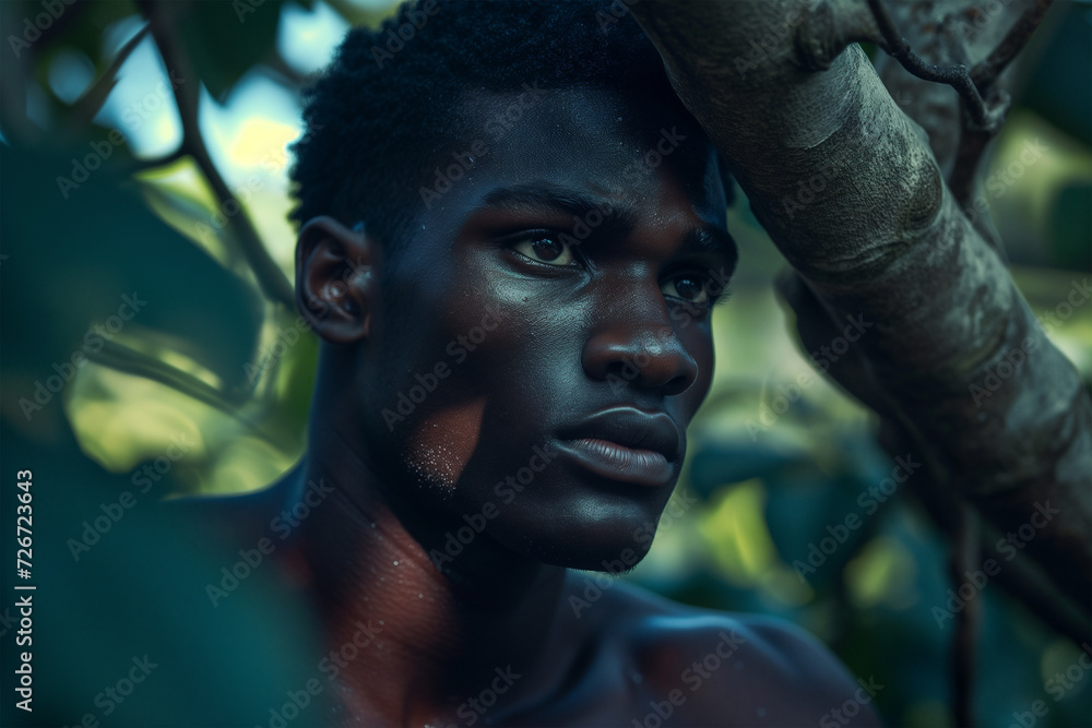 Young man in nature with introspective gaze Generative AI image Young man in nature with introspective gaze Generative AI image