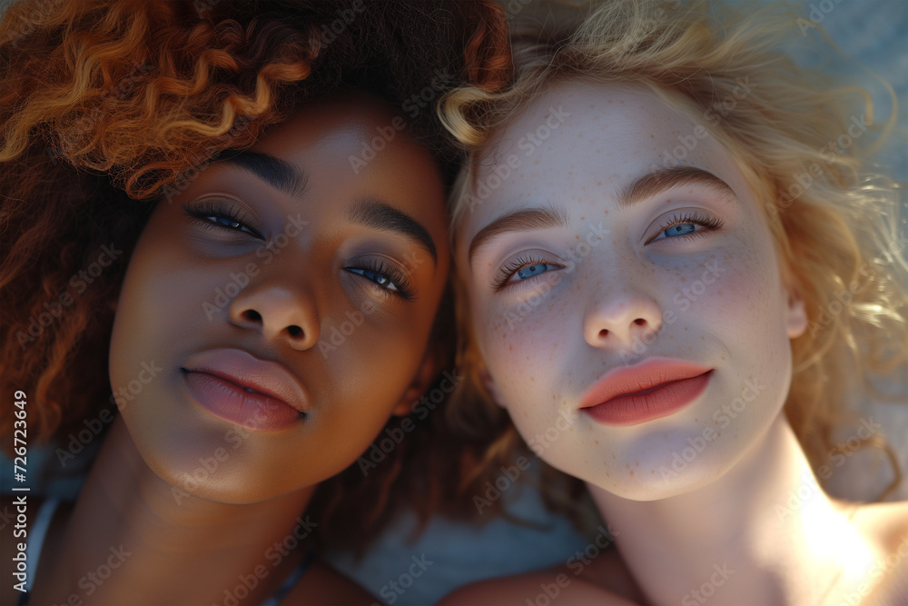 Close-up of two women lying down, sharing a moment Generative AI image Close-up of two women lying down, sharing a moment Generative AI image