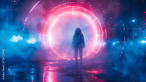 Cinematic scene of a cyberpunk woman, clad in futuristic attire, encountering a shimmering magic portal. The portal's vibrant iridescent light contrasts with the neon urban backdrops