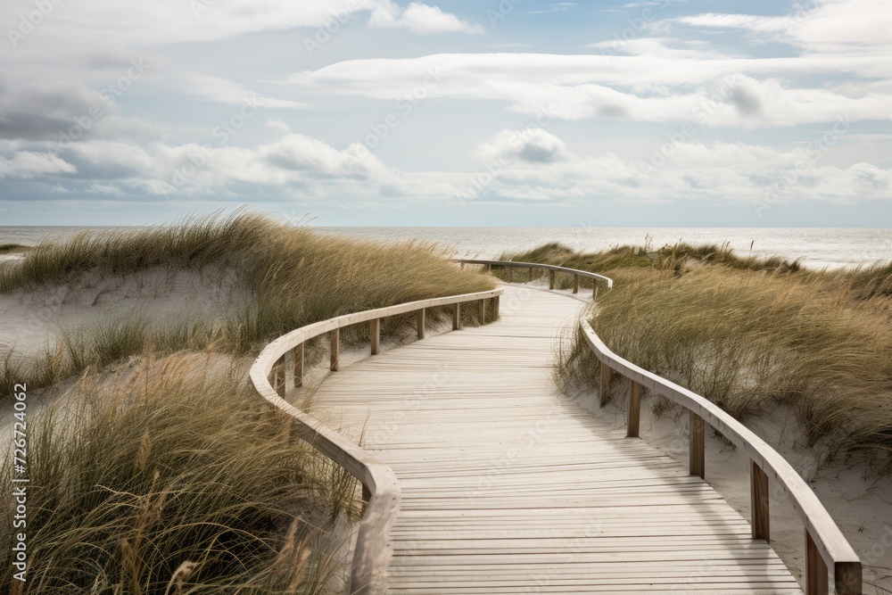 sand dunes and beach with wooden walkway