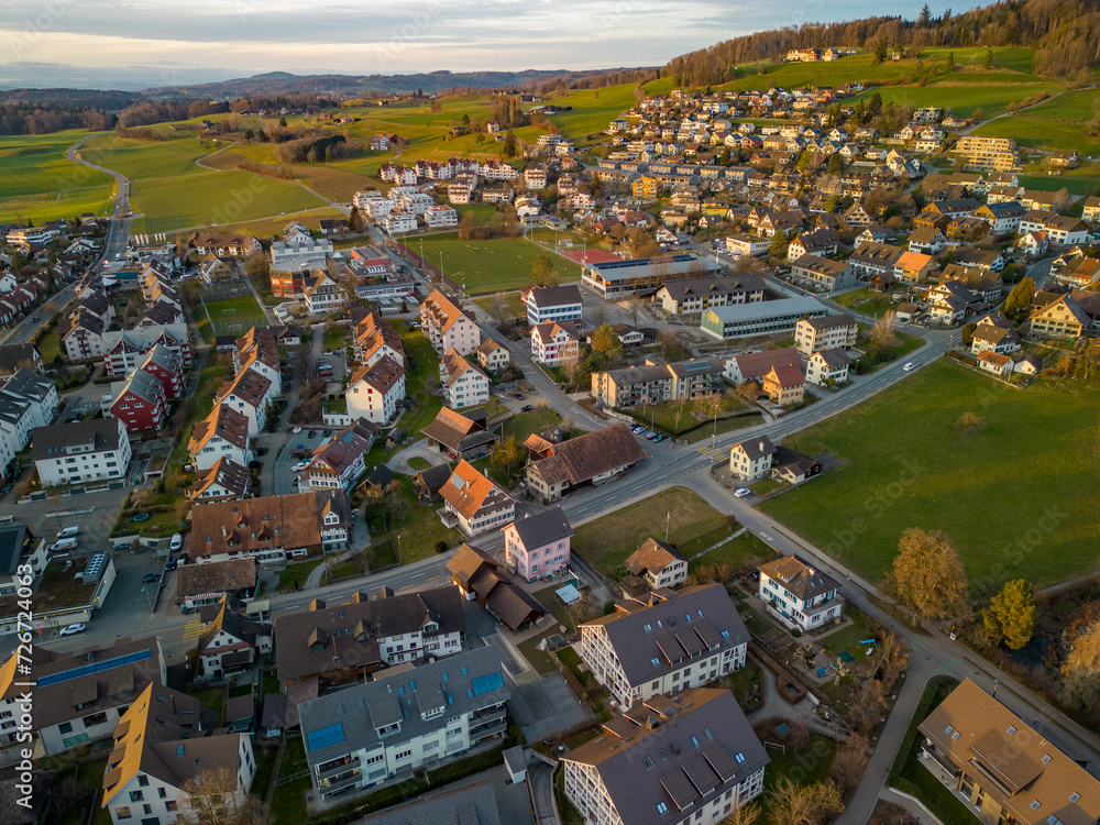 Aerial panorama view to lake Zug and Swiss Alps with Mettmenstetten, Switzerland