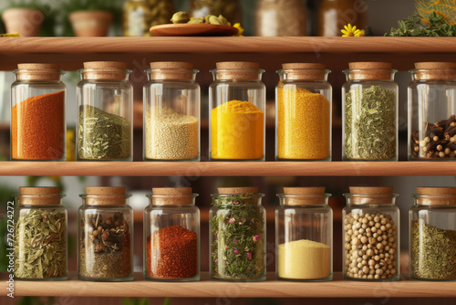 Close-up of a variety of spices and herbs in glass jars on a kitchen shelf.