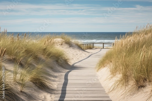 sand dunes and beach with wooden walkway