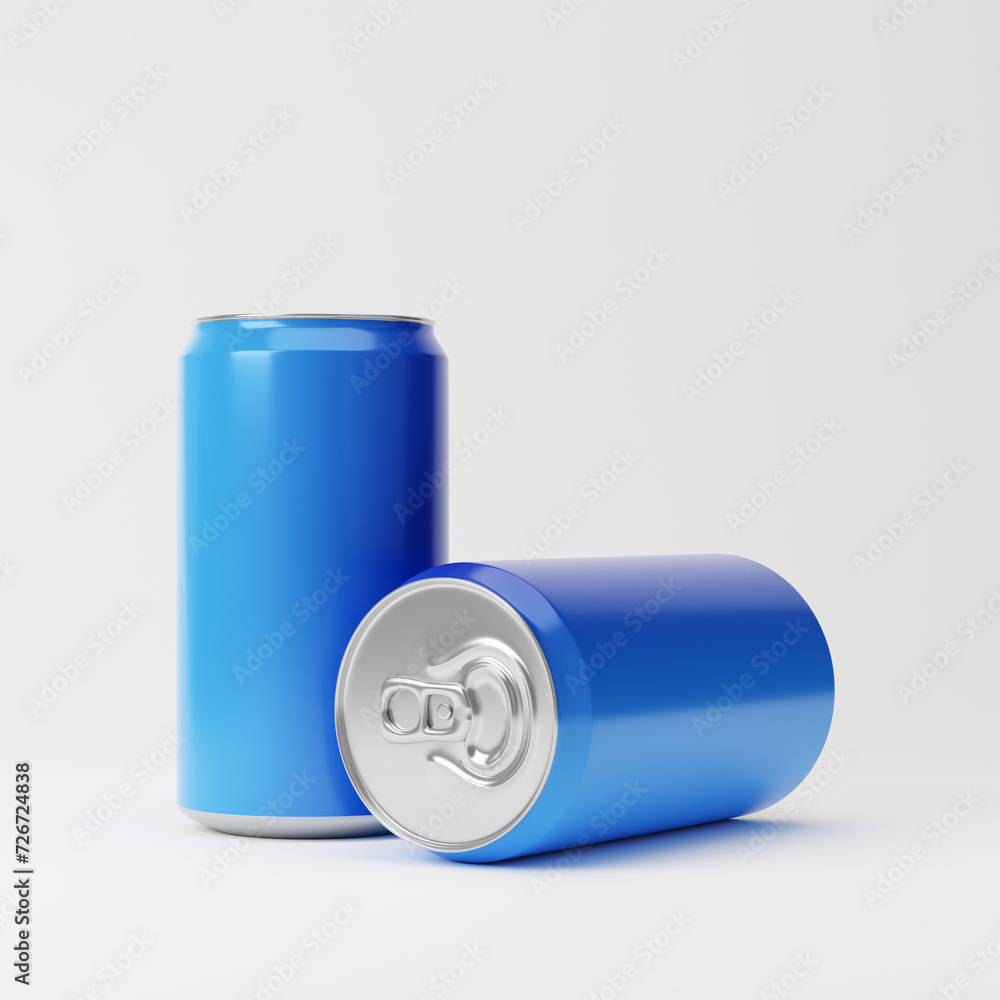 Blue aluminum soda cans isolated over white background. Mockup template. 3d rendering. Blue aluminum soda cans isolated over white background. Mockup template. 3d rendering.