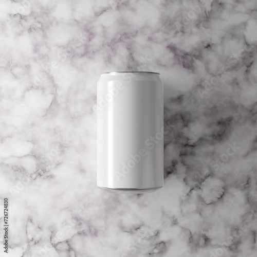 White aluminum soda can isolated over white marble background. Top view. Mockup template. 3d rendering.