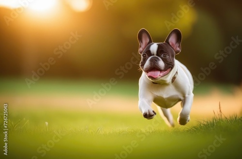 Portrait of dog French bulldog breed, white color body pet runs with his tongue hanging out along green field, isolated on blurred background , sunset light, space for text