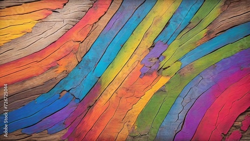 Motley background of wooden boards of a fence, floor, wall, table, banner painted in rainbow colors. Old wood texture