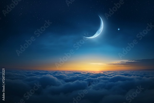 Crescent Moon Over Cloudscape at Twilight