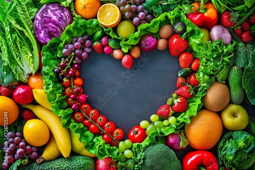 Colorful Assortment of Fresh Fruits and Vegetables Shaped Like a Heart