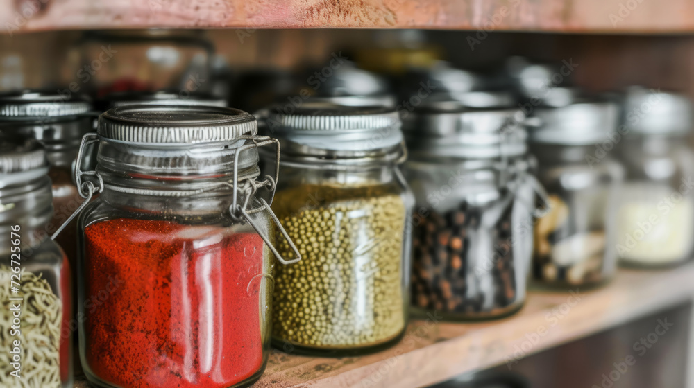 Close-up of a variety of spices and herbs in glass jars on a kitchen shelf. Close-up of a variety of spices and herbs in glass jars on a kitchen shelf.