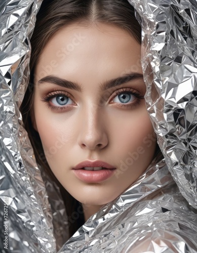 Wrapped in Opulence: Avant-Garde Fashion Stuns in Silver Metallic photo